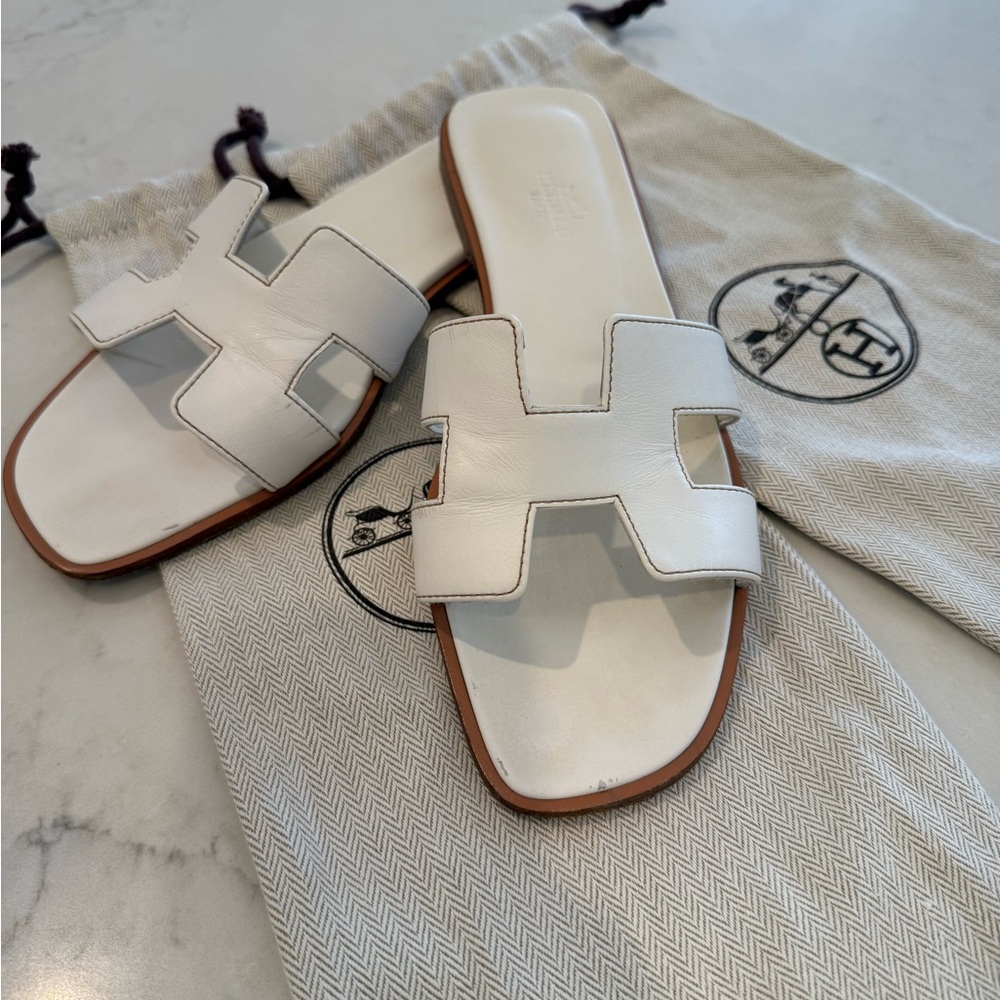 Hermes Oran White Leather Sandals
